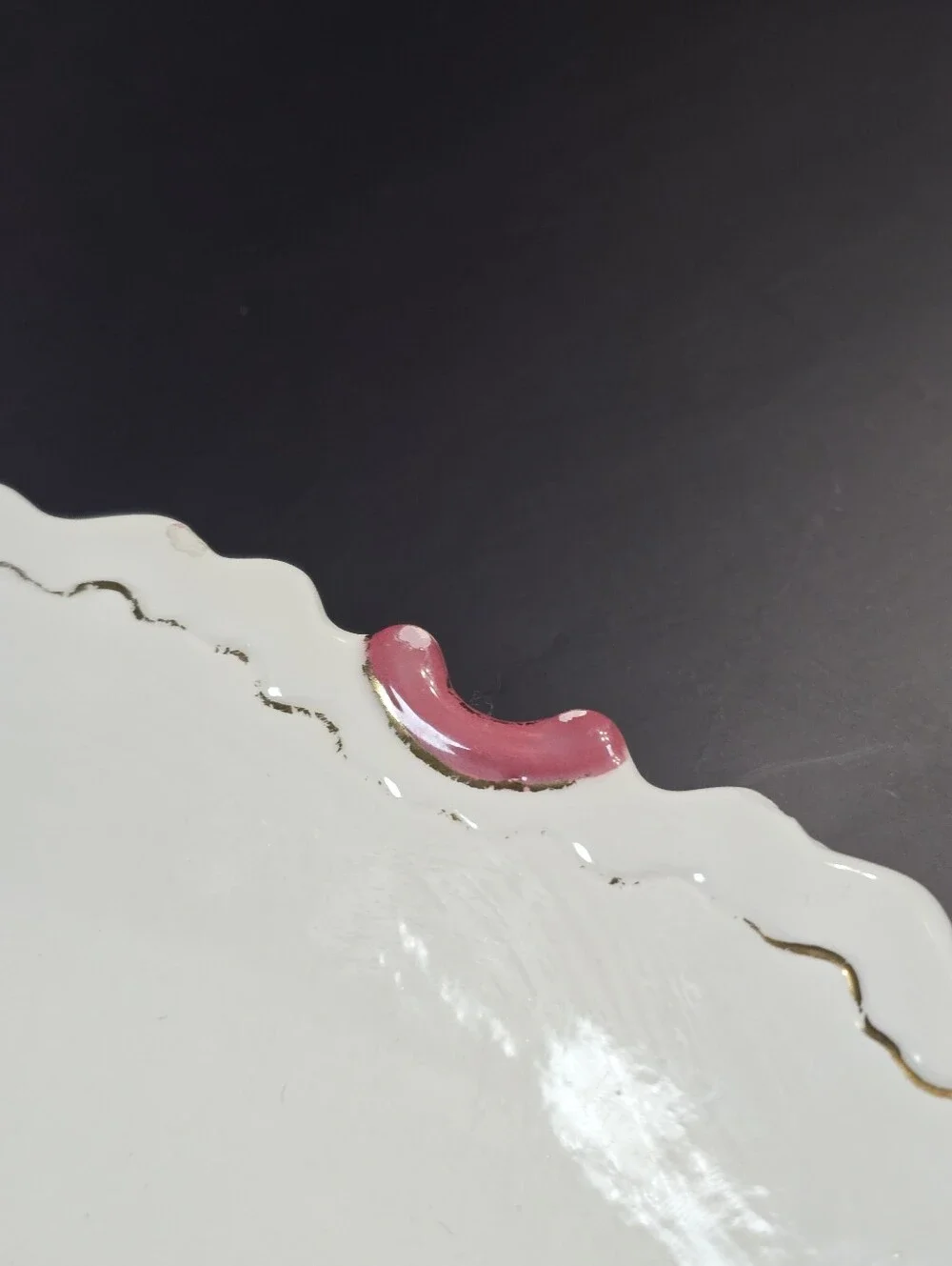 Antique Scalloped Edge Oval Ceramic Porcelain Serving Platter Cream & Pink Mauve